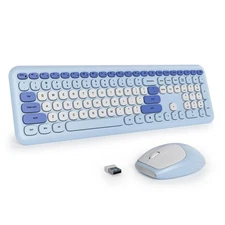 Blue Wireless Keyboard Mouse Combo Cute Typewriter Full Size Slim Silent