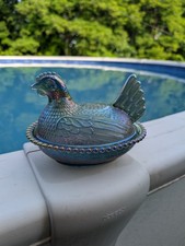VTG Indiana Glass Iridescent Carnival Blue Hen on Nest Candy Dish 7~