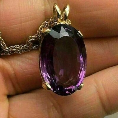 Unique 3Ct Oval Cut Amethyst Pendant Free Chain In 14K Yellow Gold Plated