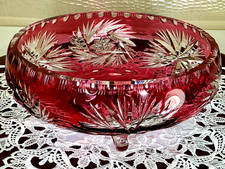 Cut to Clear Glass Crystal Bohemia 8 1/2” Cranberry Red Pink Centerpiece Bowl