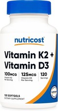 Vitamin K2 MK7  100mcg  Vitamin D3 5000 IU 120 Softgels Gluten Free Non-GMO