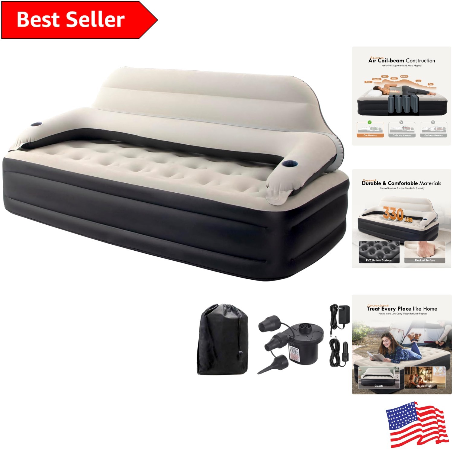 Twin Size Inflatable Air Sofa Bed with Headboard \u0026 Pump, Waterproof, image size:1500x1500