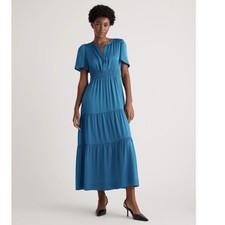 Quince Women Washable Stretch Silk Tiered Maxi Dress Celestial Blue NEW Size L