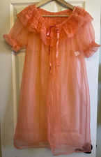 Vtg Coral Sheer Peignoir Housecoat w/Lace Chiffon Ruffles and Satin Ribbon Tie L