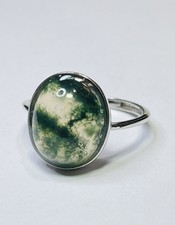 925 Sterling Silver Natural Cabochon Green Moss Agate Ring