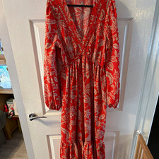 Rushttydustty Orange/White Floral V-Neck Long Sleeve A-Line Midi Dress M