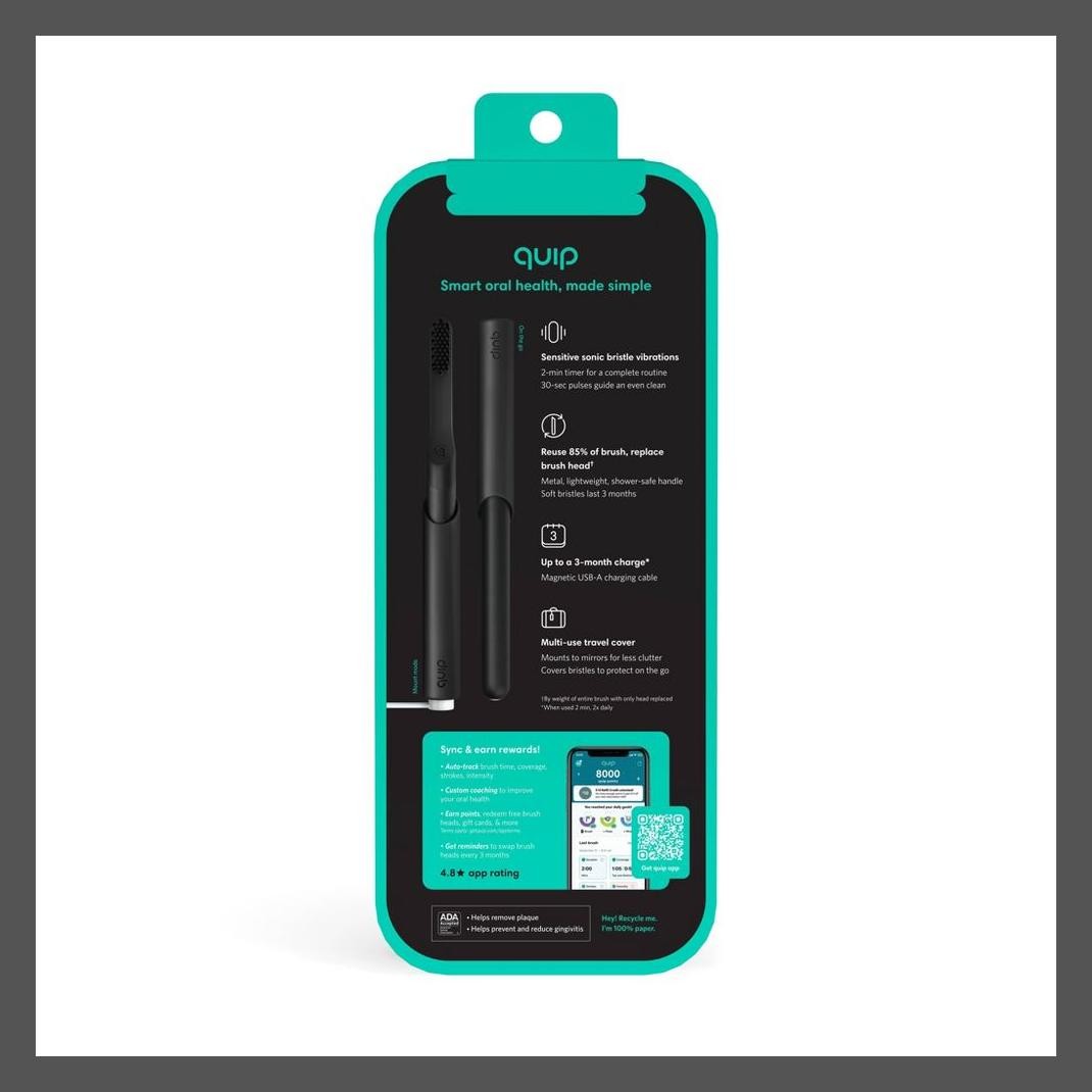 металлическая дорожная сумка для зубной щетки quip Smart с перезаряжаемой звуковой электрической зубной щеткой креплением черного цвета