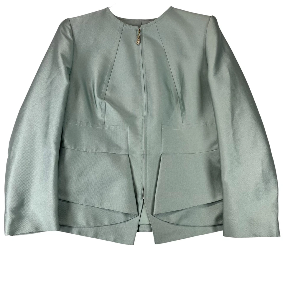 Escada 2Pc Suit Womens Full Zip Blazer Jacket 44 Skirt 46 Teal Silk Blend VTG - Image 3 of 4