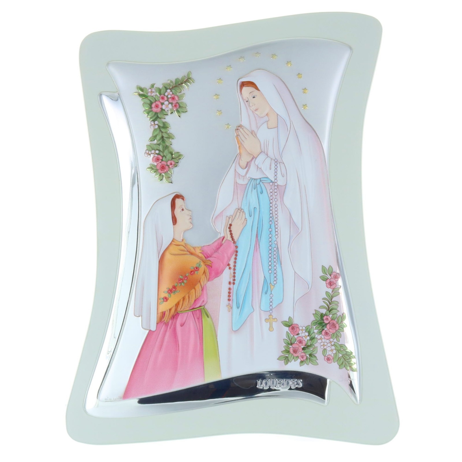 Cadre de l'Apparition de Lourdes argenté pour illuminer votre coin prière