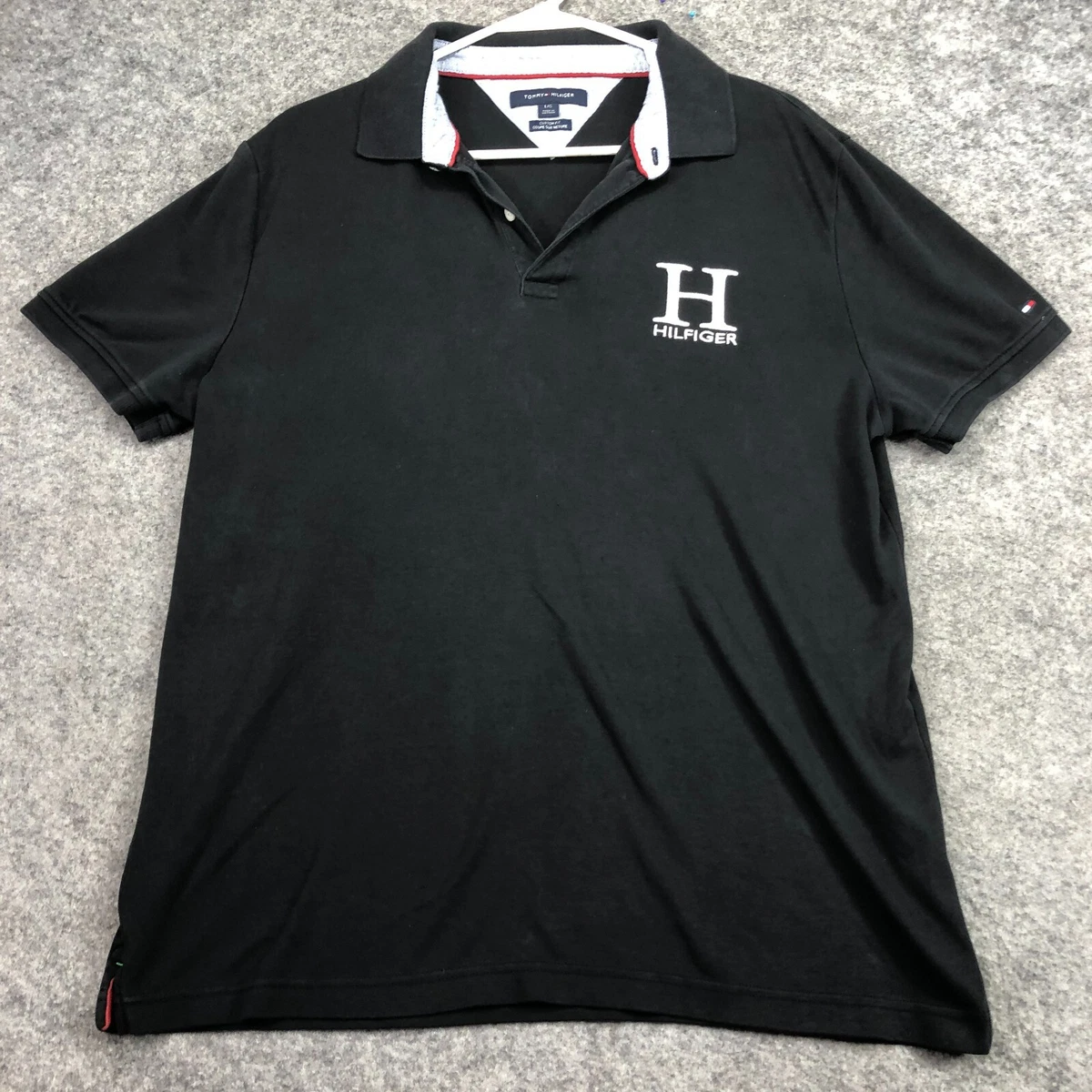 Tommy Hilfiger Shirt Adult X-Large Black Polo Short Sleeve Big H Logo Split  Hem | eBay