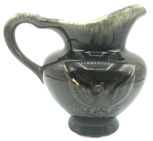 Vintage Hull Pitcher USA F91 Eagle Drip Glaze Brown 5.5" Tall 6" Wide Emboss