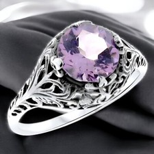 GENUINE 2 CT AMETHYST 925 STERLING SILVER DECO ANTIQUE STYLE FILIGREE RING  787