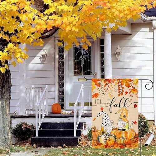 Hello Fall Gnomes Garden Flag Double Sided 12x18 Inch Burlap Autumn Pumpkins - Afbeelding 6 van 6