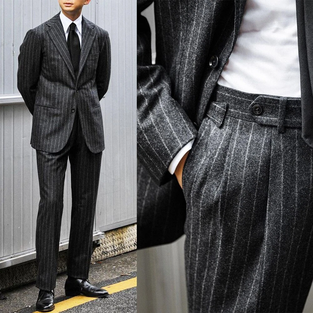 Gray Men Suit 2 Piece Pinstripe Blazer Pants Single Breasted Wedding Formal Wear
