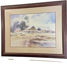 Watercolor Art Print Country Barn Farm Scene Matted Framed Signed Germain 31x25