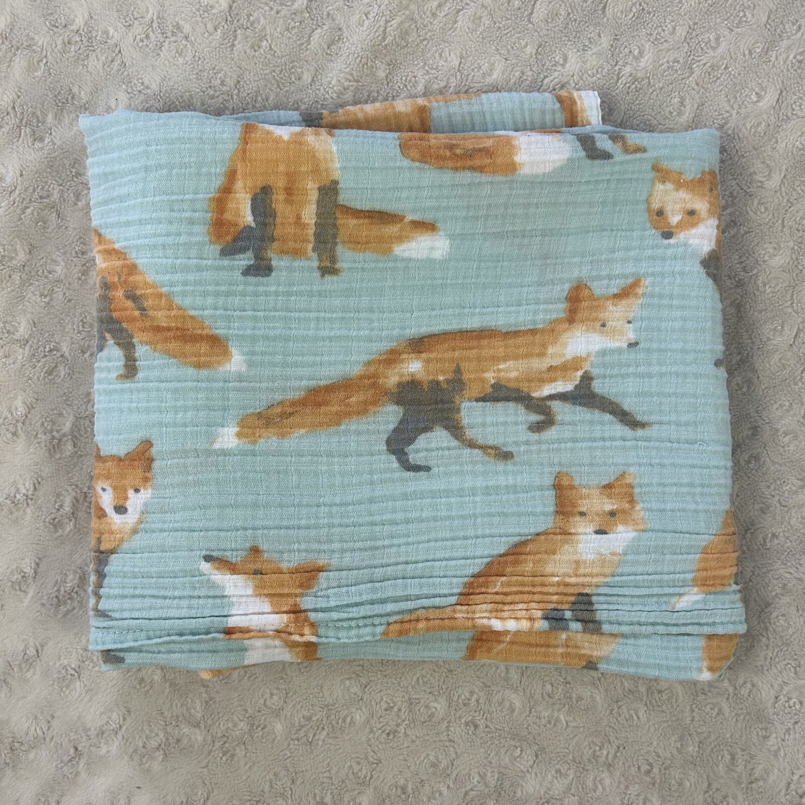 Cloud Island Fox Print Baby Swaddle Blanket Muslin Cotton Blue Orange White-image