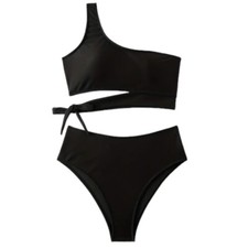 Chic One Shoulder Black Asymmetric Bikini Set Adjustable Tie Side Size Xl