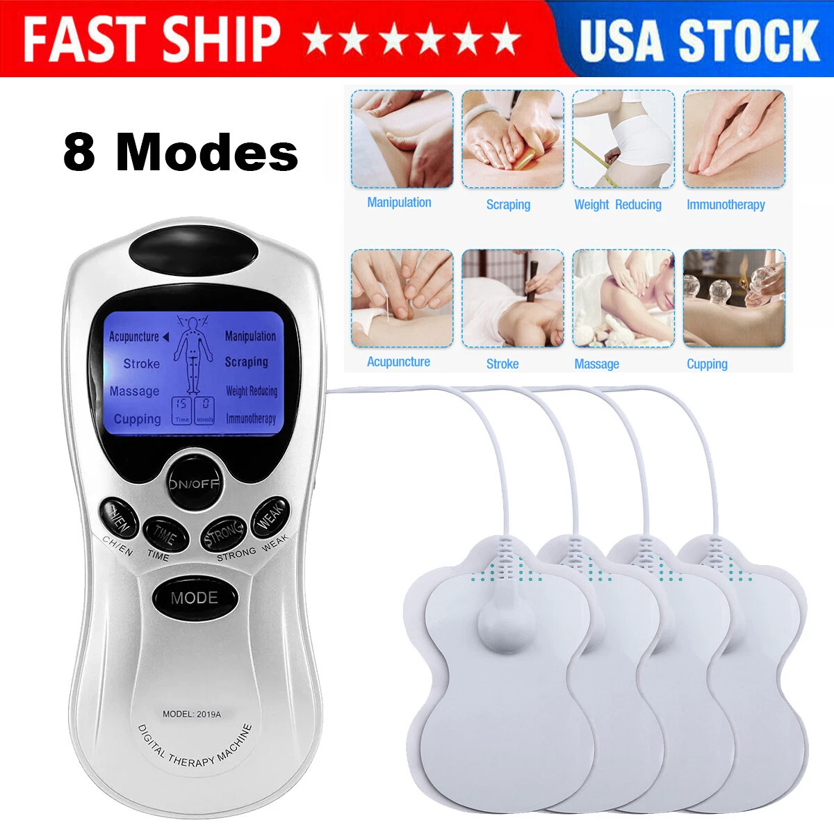 Tens Unit Muscle Stimulator Massage Machine with 8 Pads Digital Therapy  Machine