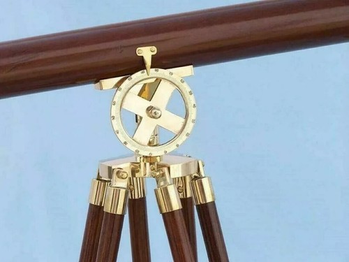 Antique Nautical Floor Standing Telescope Brass 39" With Wooden Tripod Stand - Picture 5 of 6