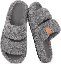 Womens Fuzzy Open-Toe Slippers Memory Foam Indoor House Shoes  Machine-Washable