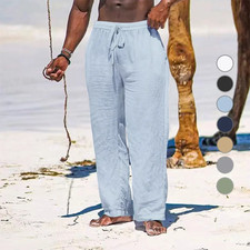 Men'S Cotton Linen Pants Casual Loose Straight Pants Lightweight Drawstring Beac