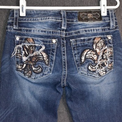 Miss Me Women's 27 (27x31) Signature Boot Cut Fleur-de-Lis Sequin Distress Jeans