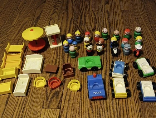Lot Vintage Little People Wood Plastic, 60s, 70s Vehicles furniture Fisher Price
