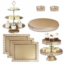 8Pcs Light Gold Cake Stand Set Metal Dessert Display Trays Wedding Party