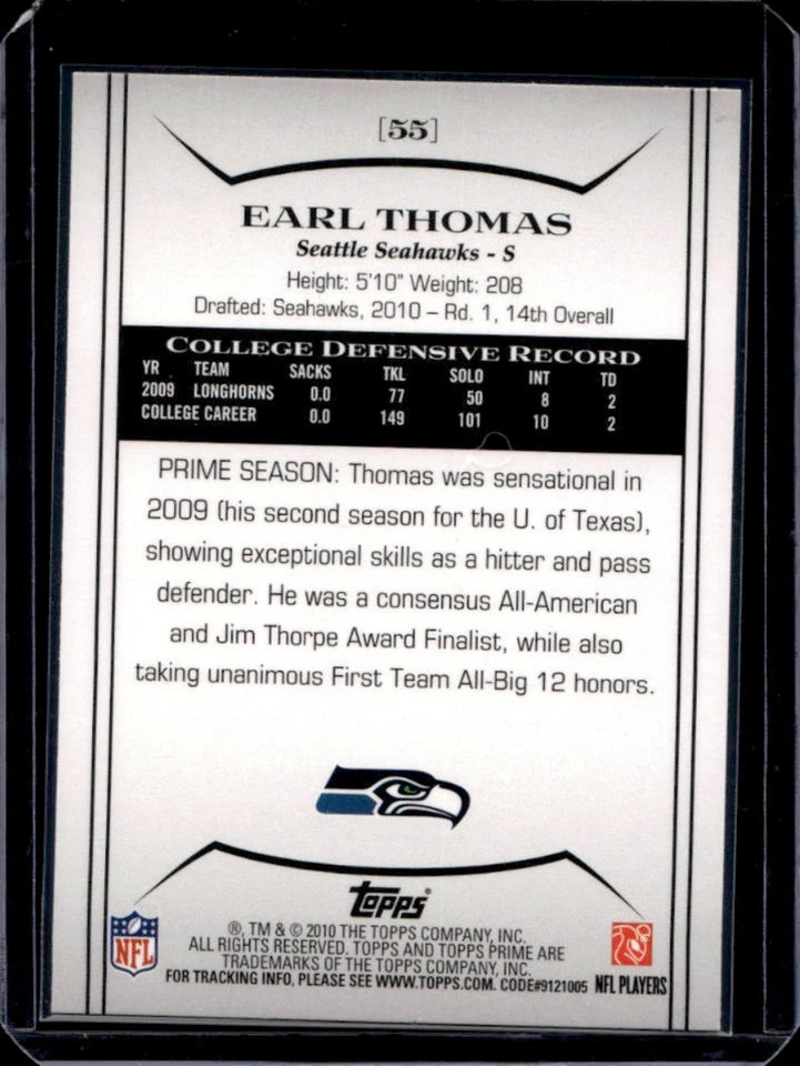 2010 Topps Prime Earl Thomas RC Retail Rookie #55 Seahawks - Image 2 of 2