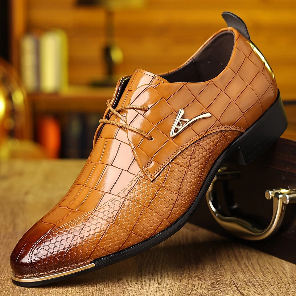 Men's Crocodile-Patterned Lace-Up Dress Shoes Pointed Toe for Formal Occasions - Image 2 of 4
