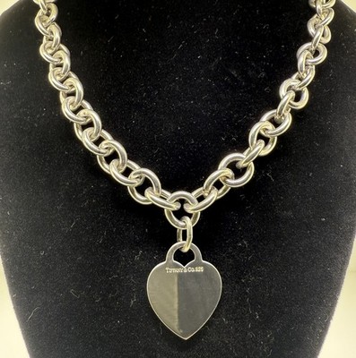 Tiffany & Co Sterling Silver Heart Tag Link Necklace 18'' Authentic