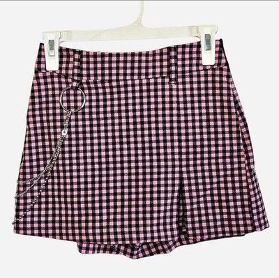 Bershka Gingham Skort Women's 6 Pink Black Plaid Chain Y2K Mini Emo Bratz Grunge
