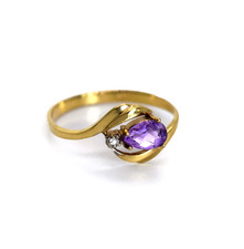14K SOLID YELLOW GOLD RING WITH NATURAL DIAMOND PEAR-SHAPED AMETHYST S 5.5