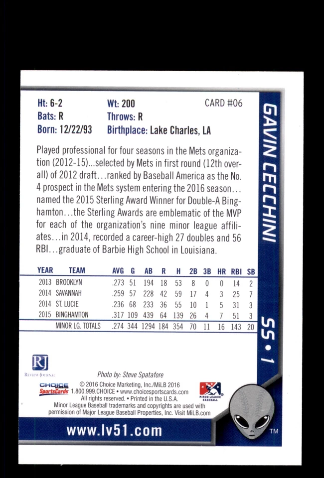 Signed Baseball Card Auto 2016 Choice Las Vegas 51s #06 Gavin Cecchini - Image 2 of 2
