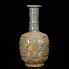 Vaso fiori dorato ciano 8,7" porcellana cinese dinastia Song Ru forno QingLiangSi Mark