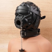 Bondage Open Mouth Gag Hood Head Mask Harness Muzzle Plug Gimp Couples Restraint