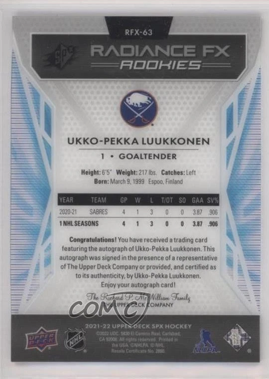 2021-22 SPx Radiance F/X Auto /15 Ukko-Pekka Luukkonen #RFX-63 Rookie Auto RC - Image 2 of 2