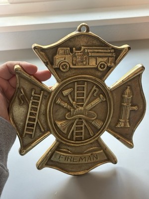 Vintage Maltese Cross Brass Firefighter Fireman Plaque Patina