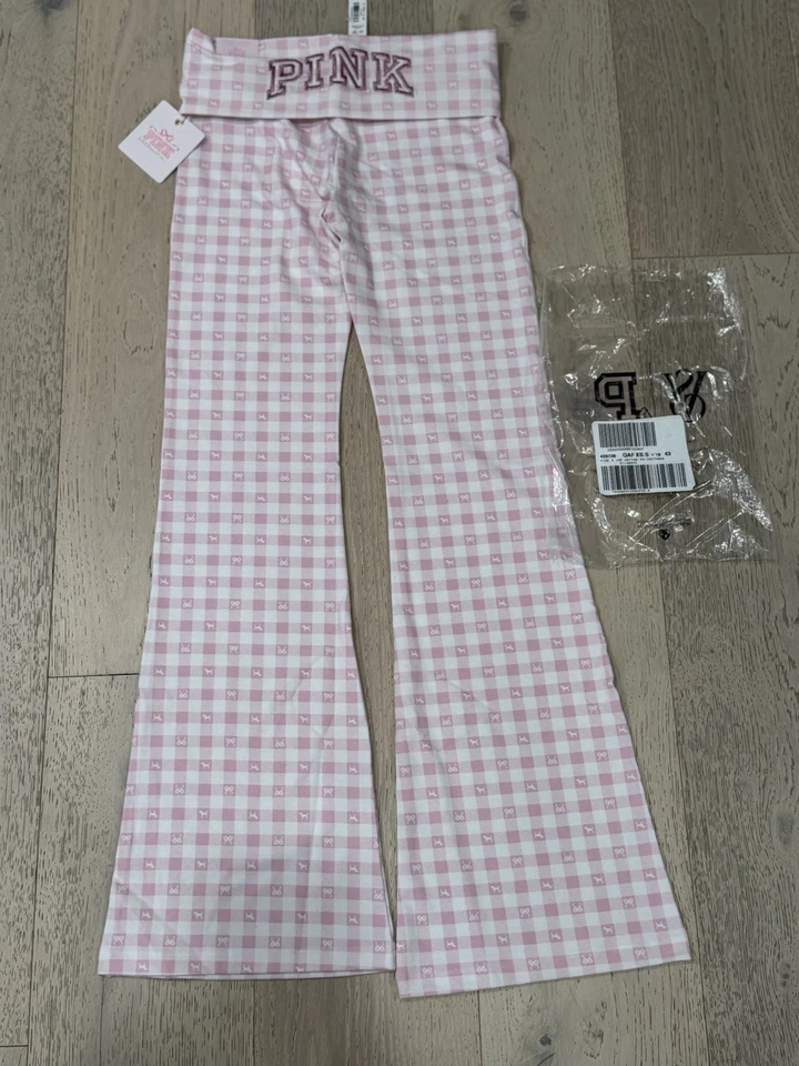 VS PINK x LoveShackFancy Cotton Foldover Flare Leggings ICON GINGHAM LIMITED XS - Image 2 of 4