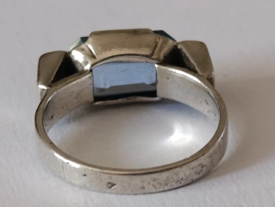Bague Art Déco Argent Massif & Aigue Marine Taille 57 - 4,7 g Bijoux Vintage  - Photo 3/4