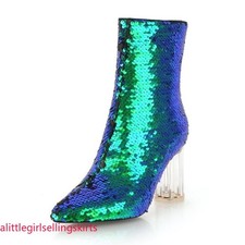 Womens Sequin High Heel Pointed Toe Zip Ankle Boots Casual Prom Club Party Shoes