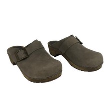Sanita Clogs Taupe Suede Buckle Wooden Platform Mule Shoes Womens 37