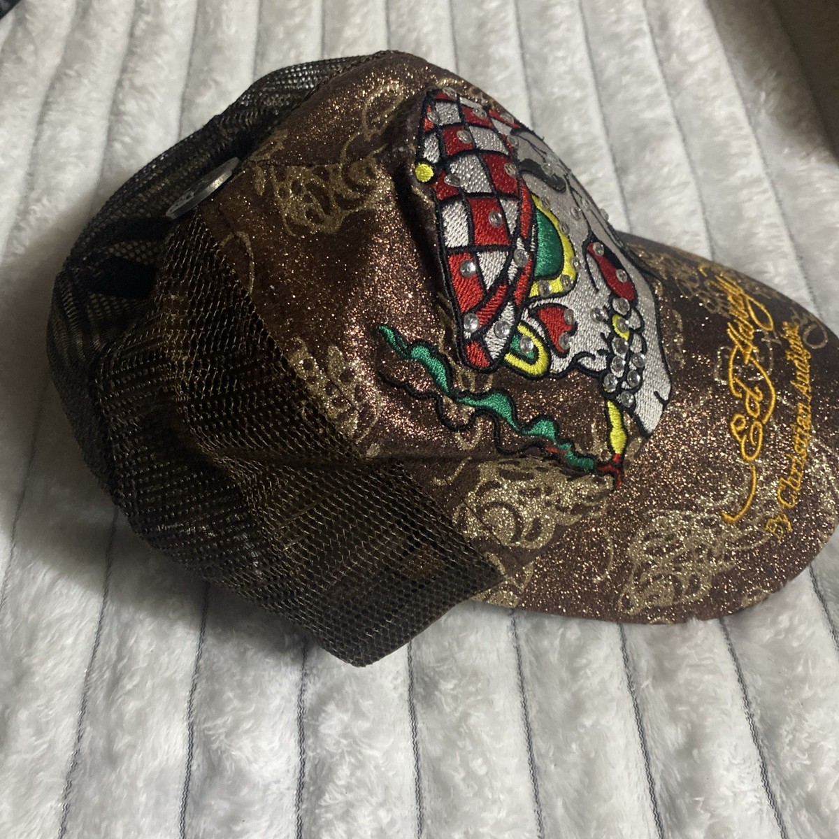 Ed Hardy Rhinestone Gold Vintage Trucker Hat Embroidered Skull