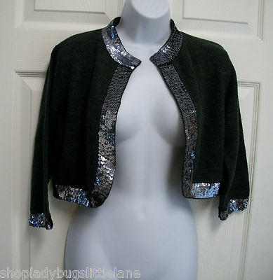 NEW ECHO CHARCOAL GRAY ACRYLIC WOOL PEWTER SEQUIN SHRUG CARDIGAN SWEATER  TOP S/M