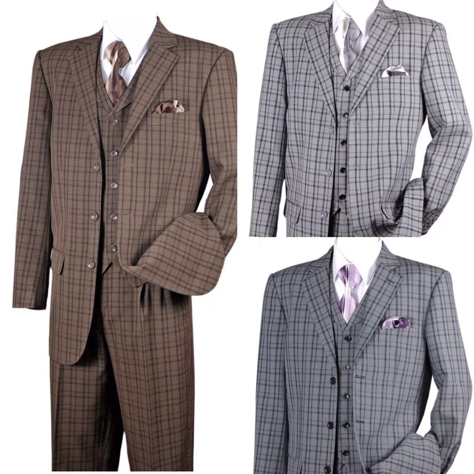 Traje de moda de 3 piezas para hombre con chaleco y pantalones diseño a cuadros marrón negro azul marino 5802V6 Foto 2 de 4