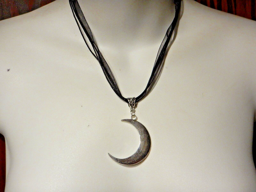 BLACK RIBBON SILVER CRESCENT MOON CHOKER gothic witch wiccan lunar necklace 1C - Picture 4 of 4