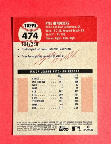 Kyle Hendricks ~ 2022 Topps Chrome Platinum ~ Yellow RayWave Refractor /250 - Picture 2 of 2