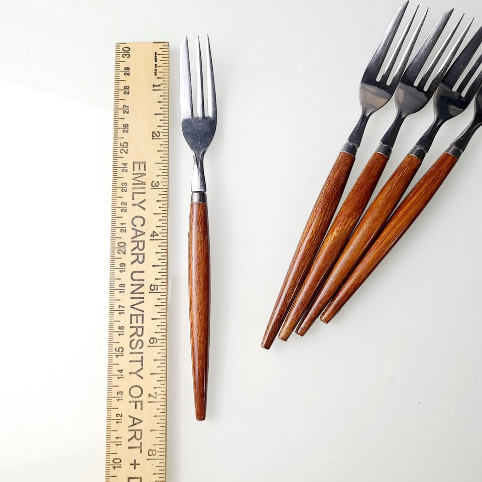 Vtg Teak Wood Handles MCM Dutch Holland Stainless Pastry Fork Salad Forks Set 5 - Image 2 of 4