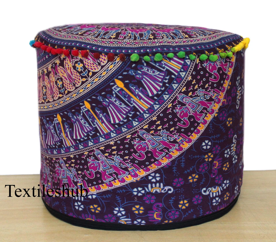 New 18" Indian Mandala Round Ottoman Seating Footstool Handmade  Pouf Cover Case - Image 2 of 4