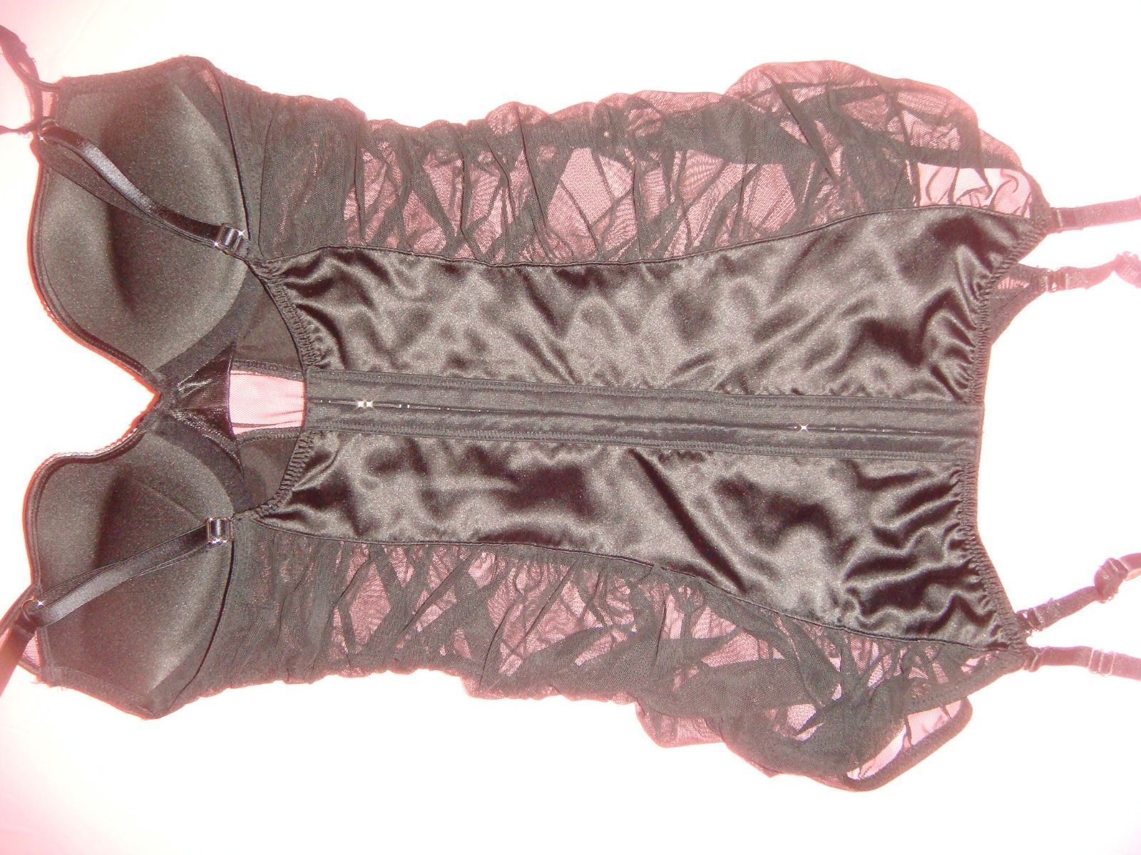 Victoria's Secret 34C GARTER SLIP DRESS M thong SATIN Black crystal SHINE STRAP image 3